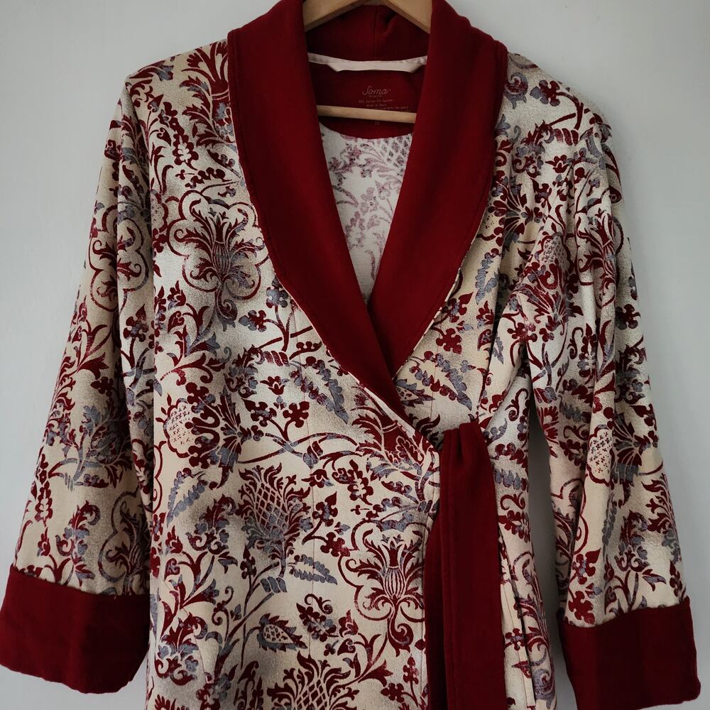 Soma red cream floral design long sleeve short robe womens size M